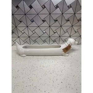 Creative Co-Op White Ceramic Weiner Dachshund Dog 15in Cracker Dish or Planter